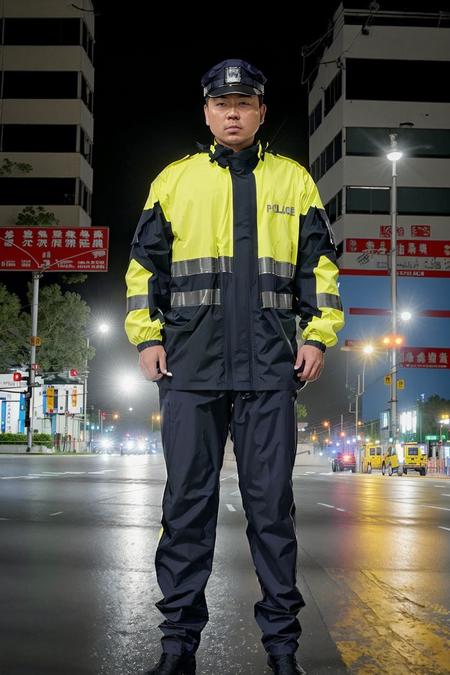 copcop,raincoat,yellow fluorescent,Create a realistic image of a police officer performing his patrol duties. The scene should be ultra-realistic, with a high level of detail in the officer and the surrounding environment. The officer's alertness should add a serious element to the scene. The lighting should be bright and direct, illuminating the scene and casting dramatic shadows. The colors should be a mix of the cool blues and blacks of the officer's uniform, the colors of the cityscape, and the natural hues of the day. The composition should be a close-up shot of the officer, with the cityscape visible in the background. Use a high-resolution camera with a fast shutter speed to capture the action,metal steel building,, (masterpiece:1. 0), (best quality:1. 4), (ultra highres:1. 2), (intricate details:1.3), (soft focus:1. 4), (sharp focus:1. 4),Raw photo,1man,