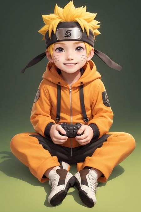 chibinaruto, 1boy, blonde hair, male focus, solo, male child, smile, sitting, looking at viewer, full body, brown eyes, whisker markings, controller, hood, holding