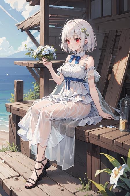 (absurdres, highres, ultra detailed:1.2),
1girl, (solo), (white medium hair), (messy hair), (blunt bangs), [short thick eyebrows:0.6], (white bowtie), loose-fitting white (see-through:1.2) sundress, short sleeves, breasts, (delicate lace, thin lace, layered lace, layered ruffles:1.3), (bare shoulders), closed mouth, red eyes, sitting, flower, moss, rubble, profile, Alphonse Mucha style, full body, sitting,