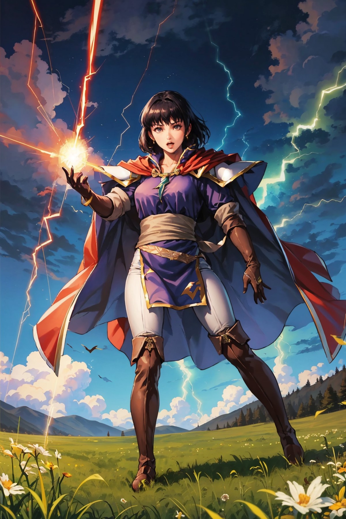 masterpiece, best quality, olwen, red cape, purple dress, sash, brown gloves, white pants, brown boots, conjuring lightnin...