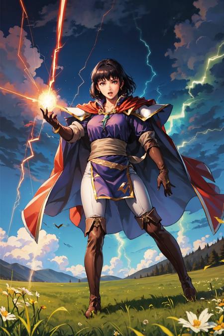 masterpiece, best quality, olwen, red cape, purple dress, sash, brown gloves, white pants, brown boots, conjuring lightning bolts, casting magic, field, furrowed brow, open mouth, clouds <lora:olwen-nvwls-v2-000012:0.9>