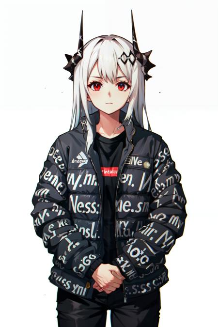 drip jacket,white background, shirt, jacket, closed mouth, open clothes, black pants, pants, 1girl,  black shirt, looking at viewer, open jacket, solo, own hands together <lora:drip_jacket:0.8>,mudrock(arknights), horn , white hair , long hair , <lora:mudrock:0.8>,