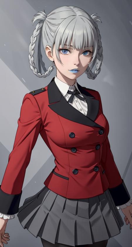 <lora:VRAMs3DMomobami640:0.5> , 1girl, xyzmomobami, hair rings, grey hair, masterpiece, beautiful, portrait, blue lips, closeup, pleated skirt, red coat, double breasted coat, school_uniform, medium breasts, black leggings