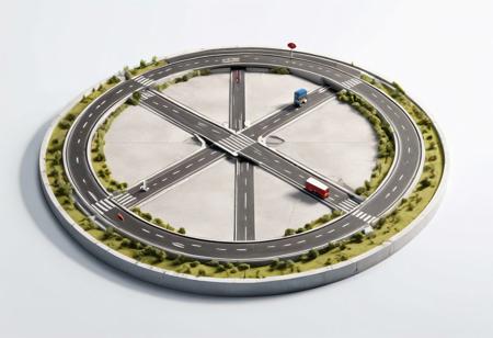 miniature model of a road junction on flying round platform, neutral background, professional product photography, high key shot, professional studio lighting