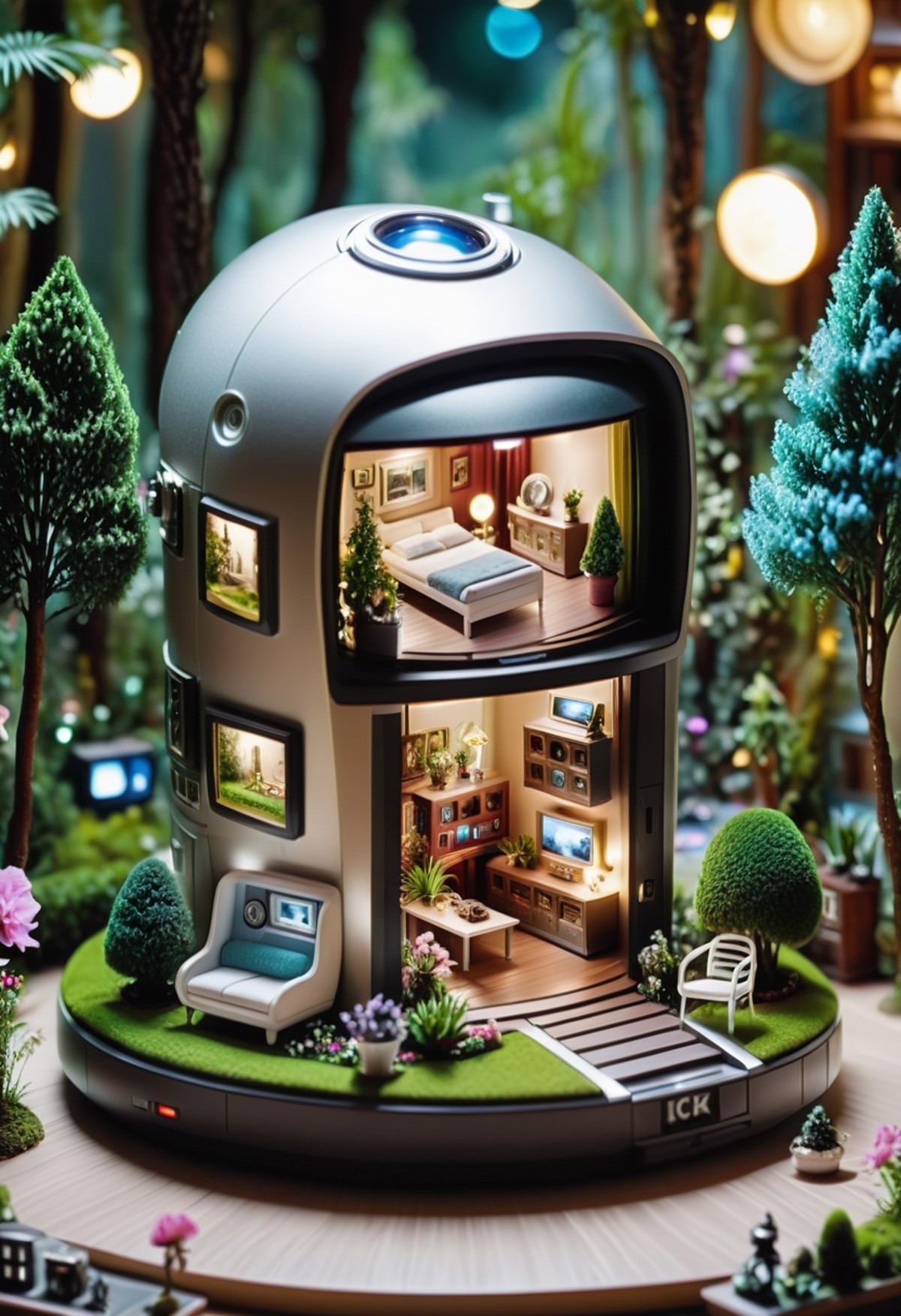 cinematic photo In a futuristic world, a miniature house sits inside a rude digital camera. It's the interior of a cozy li...