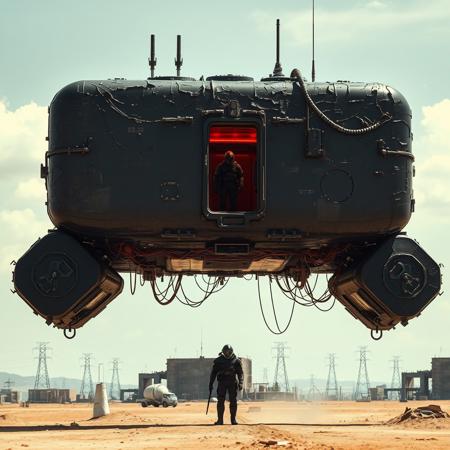 ultra high resolution, masterpiece, best quality, large rectangular glossy black spacecraft with an extremely rough textured surface hovering low to the ground, underneath the spacecraft are cables hoses and wires, antennas on top, cables hanging from below, rectangular in shape, futuristic world, post apocalyptic landscape, ((low concrete buildings:1.3)) anti gravity, in the atmosphere, sky, clouds, ground visible, hovering, dry, ((dusty)), bleak landscape, parched, bright noon sunlight, square shapes, bleached colors, destroyed industrial buildings, powerlines and towers, concrete foundations, open entrance hatch on spaceship, soldier in dark armored spacesuit, helmet, standing in the well lit entrance, red interior lighting