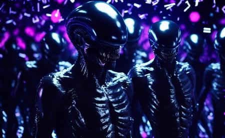 a group of xenomorphs dancing in a confetti disco party close portrait dark disco room style cinematic style