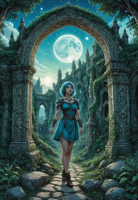 A high ink art, line art depicting a young woman standing in front of a large, ornate gothic stone archway. The archway is adorned with ancient carvings and is partially covered with lush green foliage. The sky beyond the archway reveals a dark fantasy landscape with a blue moon. The woman has light skin, short blue hair, and is wearing a short blue dress with brown leather accessories on her arms. The ground is a mix of stone and grass. The overall composition is vibrant and fantastical, evoking a sense of adventure and wonder.