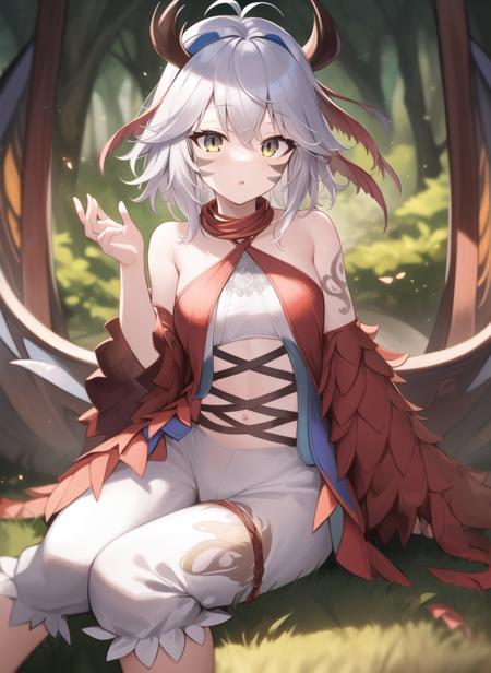 <lora:traptrixmyrmeleo:0.8>traptrixmyrmeleo, 1girl, clothes pattern, bloomers, (facial mark:0.66), solo, full body,sitting,forest background,masterpiece,solo,beautiful detailed eyes,finely detail,detailed face,vivid color,5 fingers,finely detailed,hyper detailed,detailed hand,8k,finely detailed beautiful eyes,high resolution illustration,best quality,