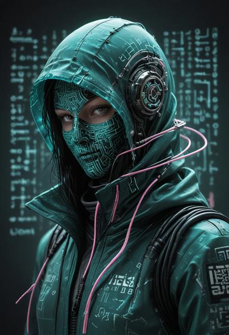 mechanical parts, wires, cables, cyberpunk, closeup portrait of made of tiny neon glass filaments, with a masked face, pastel teal/black colored, assassinkahb style, closeup photo of an wired-cyborg assassin with robot face wearing a pink high collar hooded parka with technical macro writing resembling an qr-code//bar-code on the back, solo, woman, high collar parka, upper body,, female focus, black long hair in wind, weapon, clothes writing,  flag
