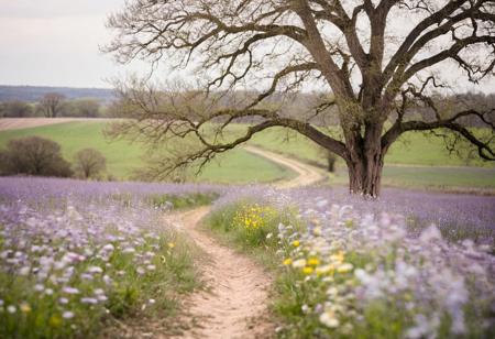 A wide countryside field in early spring, filled with blooming (wildflowers:1.2) in shades of lavender, yellow, and soft blue. A narrow dirt path winds through the field, leading to a solitary oak tree on the horizon. The (foreground flowers are in sharp focus:1.2), with a swirling, vintage-style cinematic bokeh enveloping the rest. The lighting is gentle and diffuse from a cloudy sky, evoking peaceful solitude. (Petzval lens effect, soft contrast, realistic texture, cinematic pastel palette, moody and peaceful, high resolution)