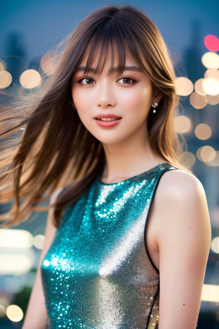 1girl,(wearing a beautiful glittery dress:1.3),on the shibuya sky observatory),(city lights at night:1.3),(overlooking Tokyo city:1.2),lively and bustling city at night,starry sky,(RAW photo, best quality), (realistic, photo-realistic:1.4), masterpiece, an extremely delicate and beautiful, extremely detailed, 2k wallpaper, Amazing, finely detail, extremely detailed CG unity 8k wallpaper, ultra-detailed, highres, soft light, beautiful detailed girl, extremely detailed eyes and face, beautiful detailed nose, beautiful detailed eyes,cinematic lighting,perfect anatomy,slender body,(hair flowing by wind),bokeh,instagram beauty filter,dynamic angle,instagram beautify filter,flawless skin,(wide smile:1.4),standing