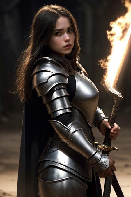 1girl, weapon, large thick heavy sword, solo, armor, holding, holding weapon, holding sword, cape, blurry background, shoulder armor, medium breasts, long hair, lips, pauldrons, science fiction, outdoors, from side, parted lips, artist name, zPDXL3, detailxl,  Score_PnyReal, dark night, shiny, reflection, dark, masterpiece, best quality, high quality, photo, analog photo, absurd resolution, high resolution, healthy skin, depth of field, movie still, dramatic lighting, cinematic lighting,  award winning photo, highest definition, HD32K, wallpaper, intricate detail, dynamic angle,
