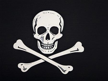 a skull and crossbones, a death's head over crossed bones, black field background, jolly roger