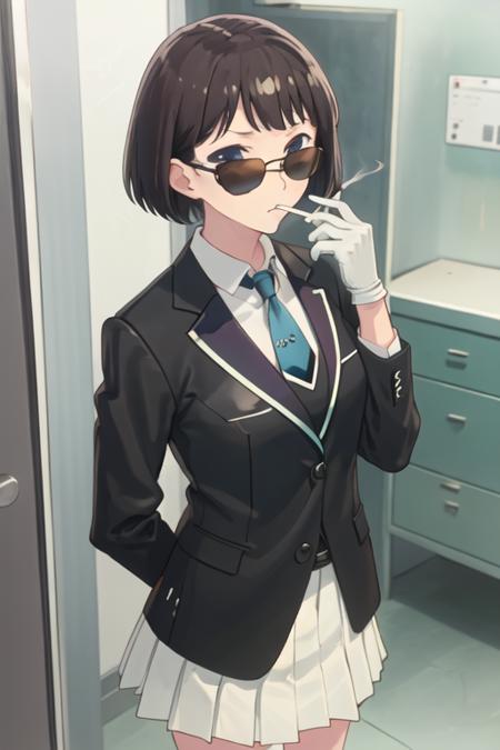 best quality, masterpiece, highres, solo, {black business suit:1.40}, {tie:1.20}, {sunglasses:1.25}, {white gloves:1.15}, {white shirt:1.10}, {black skirt:1.15}, {smoking:1.20}, handsome, {kanou_koyomi_yagatekimininaru:1.15}, short_hair, black_hair, closed_mouth, indoors, brown_hair, blue_eyes, black_eyes