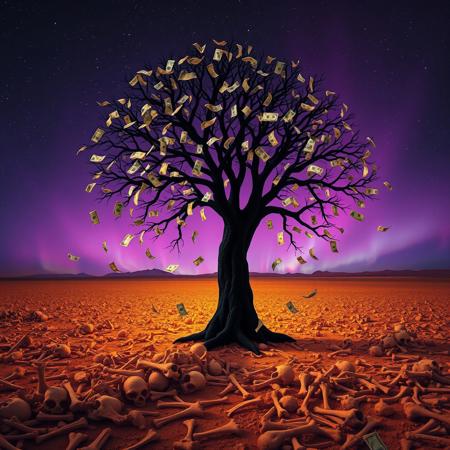 A black tree with leaves made of paper money. The paper leaves fall to the ground below, amidst a golden desert of bones. The purple-black sky is starless, but filled with the northern lights. The image of the tree looks sacred, but the surroundings look terrifying. The image makes the tree look beautiful, but its fallen state looks terrifying, showing the contradictions and traps of temptation.