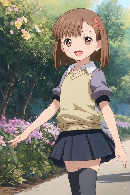 <lora:kinoshita_ringo_v1:0.9> 1girl, solo,  kinoshita ringo,  casual outfit, pleated skirt, thighhighs, smile, :d, standing, zettai ryouiki,