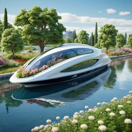 <lora:JJsFuturismStyle_Building_XL_dim128:1>, ((Futurism)),(masterpiece),(high quality), best quality, real,(realistic), super detailed, (full detail),(4k),8k,scenery, sky, outdoors, day, building, water, blue sky, river, boat, reflection, flower,tree,bush,grass,