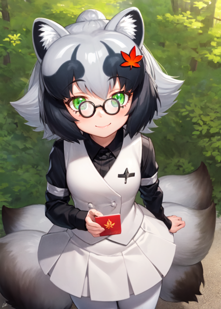 1girl, solo, danzaburou-danuki, grey hair, multicolored hair, green eyes, glasses, raccoon ears, raccoon tail, leaf hair ornament, white vest, long sleeves, white skirt, gray pantyhose, standing, looking at viewer, smile, outdoors <lora:char-danzaburoudanuki:1>