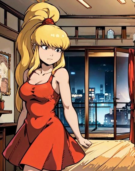 <lora:Julie_Winters_V2:.75> julie winters, wearing a red dress, (black eyes), blonde hair, solo, high ponytail, indoors, apartment interior (best quality:1.2)