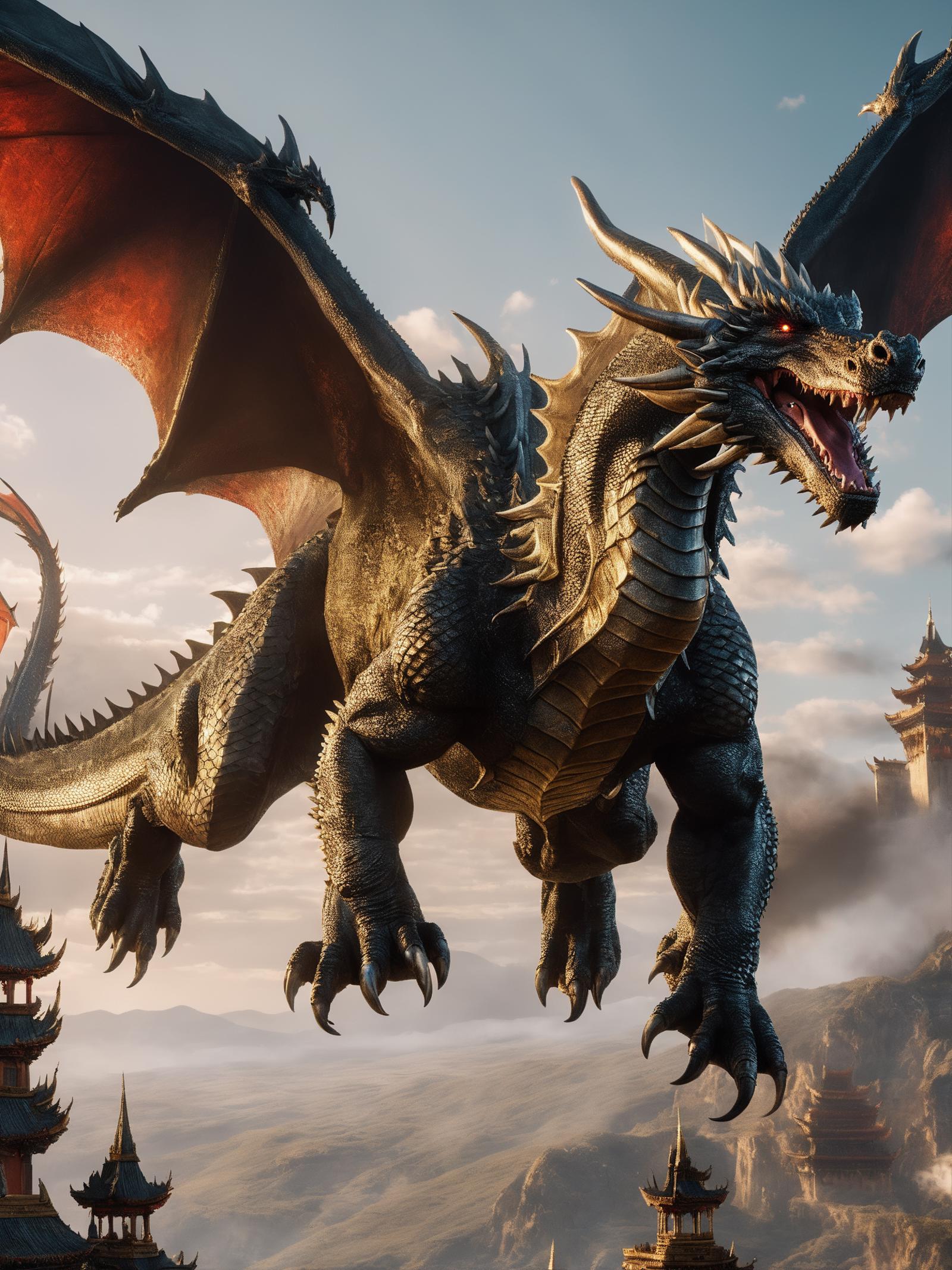 A digital art image of a large dragon with a fierce expression and its mouth open, standing in front of a castle-like structure.