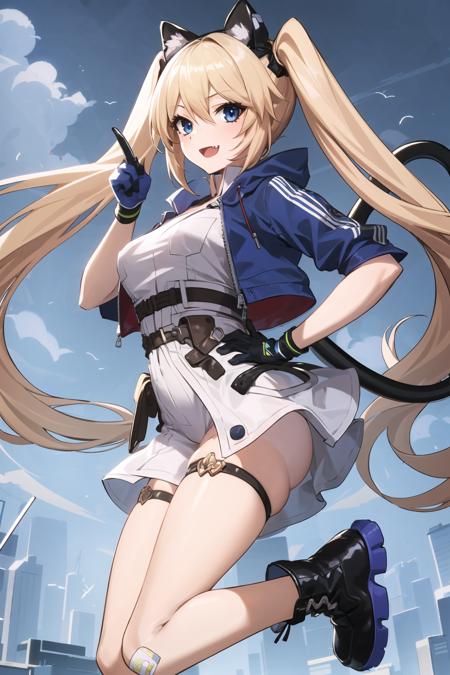 masterpiece, best quality,  <lora:mixueer:0.8>,
1girl, blonde hair, blue eyes, solo, jacket, long hair, gloves, twintails, open mouth, tail, blue jacket, bandaid, black gloves,  hair between eyes, animal ears, smile, fang, boots, hand on hip,