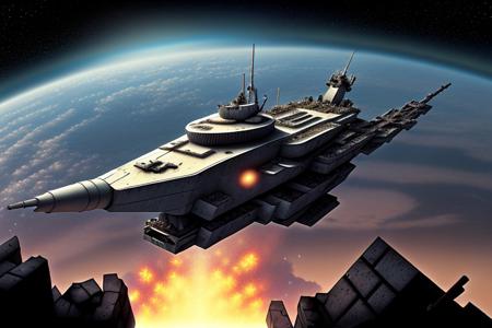a space pirate battleship among the ruins of an advanced, futuristic city
