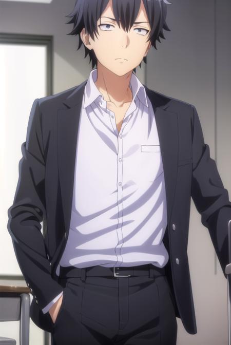 hachimanhikigaya, <lora:hachiman hikigaya s3-lora-nochekaiser:1>,
hachiman hikigaya, black hair, ahoge, male focus, (black eyes:1.5),
BREAK shirt, school uniform, jacket, white shirt, collared shirt, pants, open jacket, black jacket, black pants, blazer, sobu high school uniform,
BREAK indoors, classroom,
BREAK looking at viewer, (cowboy shot:1.5),
BREAK <lyco:GoodHands-beta2:1>, (masterpiece:1.2), best quality, high resolution, unity 8k wallpaper, (illustration:0.8), (beautiful detailed eyes:1.6), extremely detailed face, perfect lighting, extremely detailed CG, (perfect hands, perfect anatomy),