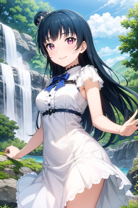 (masterpiece, best quality, ultra-detailed), (illustration), (beautiful detailed eyes), (1girl), (solo), tsushima yoshiko, purple eyes, blue hair,  single hair bun, <lora:YohaneLL_v1-04:0.6>, long hair, looking at viewer, outdoors, from below, dress, smile, lake, waterfall, smile,