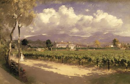 (style of Charles Conder:1.2), a painting,scene painting,scenery, arboretum ,hacienda ,plantation ,estate ,vineyard , Moraine ,