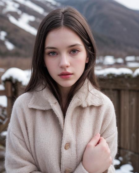 50mm film, 1girl, caucasian, solo, pale skin, pretty, tall, long dark hair, gorgeous eyes, small nose, pink lips, parted lips, wearing woollen jacket, slim face, looking at viewer, photorealistic, 8k, film grain, blurry mountainous background, snowy, upper body, wide shot  <lora:more_details:0.6> <lora:looking_at_viewer:1> <lora:picxer_real:0.7>