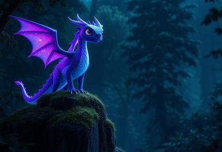 A Pixar-style medium shot of a nocturnal forest with a shadowy atmosphere. The forest is illuminated by a neon glow from a fantastical, ethereal violet, dragon with translucent scales. The dragon's scales shimmer with a blend of vibrant purple and electric blue, casting an otherworldly light upon the surrounding foliage. The dragon has large, expressive eyes filled with flirtatious mirth,  curiosity and delicate wings that resemble gossamer fabric. The dragon's body is adorned with tiny, sparkling dots that dance and flicker. The dragon stands atop a mossy, luminescent high cliff, , and its reflection shimmers in the dew-kissed mountian. The contrast between the dragon's radiant colors and the deep, inky blackness of the forest creates a breathtaking visual spectacle.
