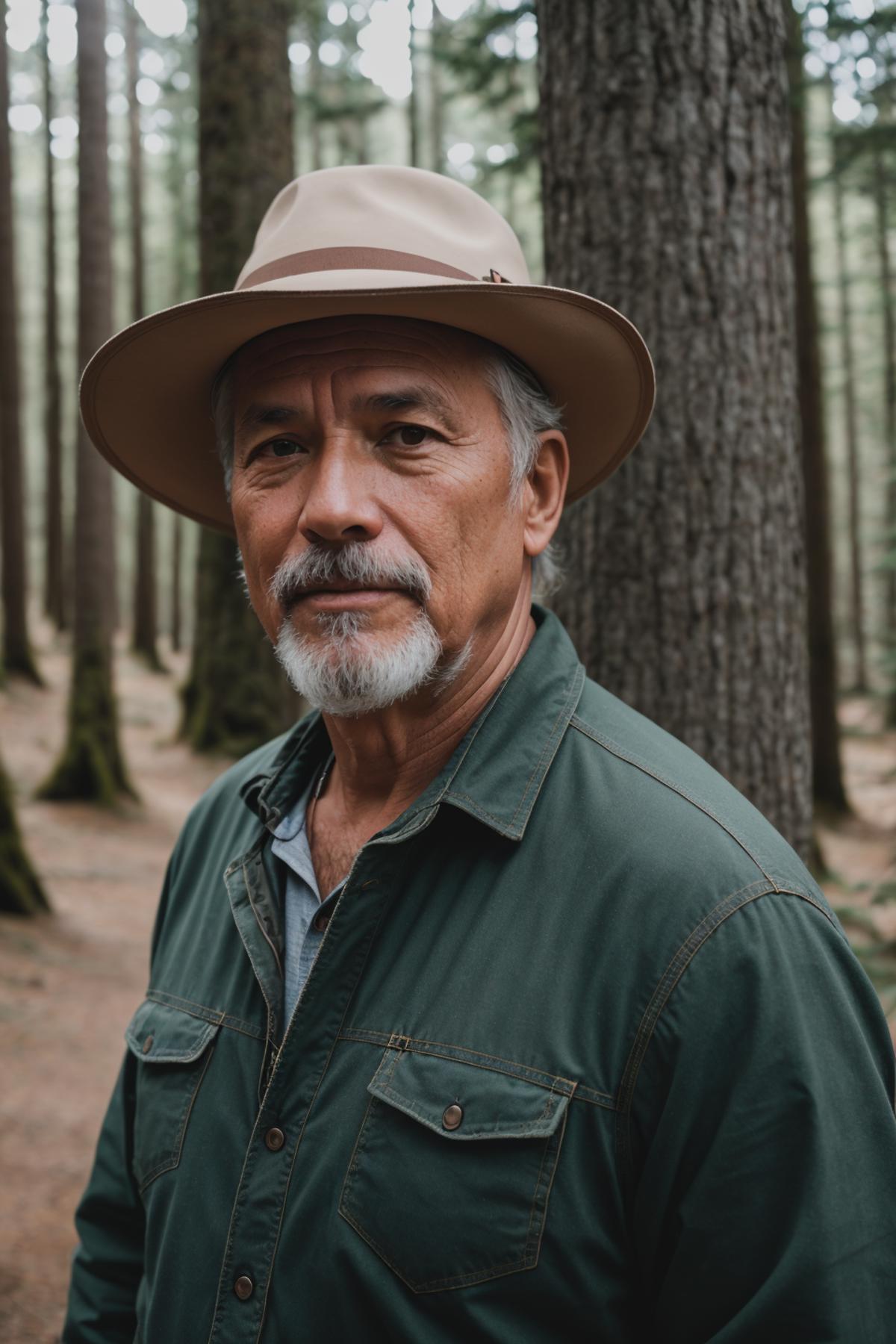 An older man wearing a hat and green jacket stands in a wooded area.
