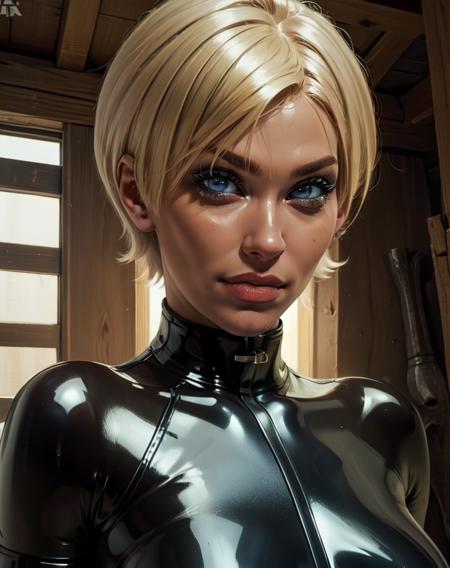 laingocpus,short hair,lips,blue eyes,blonde hair,tan bodysuit,skin tight,gloves,latex,
small shack,standing,upper body,(insanely detailed, beautiful detailed face,beautiful detailed eyes, masterpiece, best quality),<lora:laughingoctopus-10v7:0.7>,