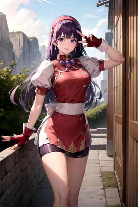 asamiya_red_dress_ownwaifu,long hair,hairband,purple hair,gloves,star (symbol),purple eyes,fingerless gloves,red hairband,hair ornament,star hair ornament,jewelry,breasts,bike shorts,earrings,shorts,short sleeves,skirt ,puffy sleeves,red gloves,dress,bangs,necklac,puffy short sleeves,chinese clothes,medium breasts,shiny hair,
masterpiece,best quality,ultra detailed, 8k, cinematic light,highly detailed, scenery,pose,solo,looking at viewer, <lora:GAME_asamiya_athena:1>