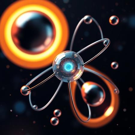 3d atoms colliding together, electrons on orbits, nucleus