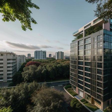 RAW photo of many residential 9-floor high buildings, surrounded by trees and roads, common garden, birds-eye view, 1man, flower, bush, render, matte colored facade, entire building, wide shot, architectural view, 8k uhd, dslr, soft lighting, high quality, film grain, Fujifilm XT3,  <lora:lan_architecture_visualization:0.82>