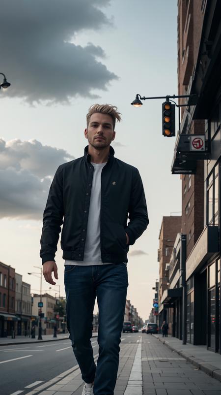 adult_man, blonde_hair, brown_eyes, black_jacket, jeans, sneakers, urban_setting, streetlights, evening_light, city_background, realistic_style, portrait_shot, overcast_sky, (masterpiece, high quality, best quality:1.3), extremely detailed, extremely intricate, realistic, hyperrealistic, fine texture, Extremely high-resolution details, natural lighting,