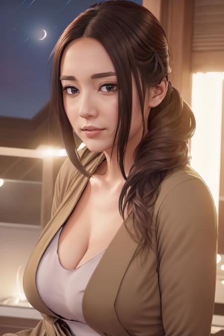 (Night:1.7), Japan, Tokyo, CityView, Before Window,
Standing at attention,
brown jacket,long sleeves, cleavage,
<lora:Yeon_Ah_Dont_Tell_Mom-KK77-V1:0.7>,Yellow_apron,<lora:Sengoku_Conquerors_Blade-KK77-V1:0.3>
hair ornament, hair scrunchie,brown eyes, brown hair,low ponytail,braid,bangs,
1 girl, 24yo,mature female,Beautiful Finger,Beautiful long legs,Beautiful body,Beautiful Nose,Beautiful character design, perfect eyes, perfect face,
looking at viewer, in the center of the image,
NSFW,official art,extremely detailed CG unity 8k wallpaper, perfect lighting,Colorful, Bright_Front_face_Lighting,
(masterpiece:1.0),(best_quality:1.0), ultra high res,4K,ultra-detailed,
photography, 8K, HDR, highres, absurdres:1.2, Kodak portra 400, film grain, blurry background, bokeh:1.2, lens flare, (vibrant_color:1.2)
(Beautiful,large_Breasts:1.0), (beautiful_face:1.5),(narrow_waist),