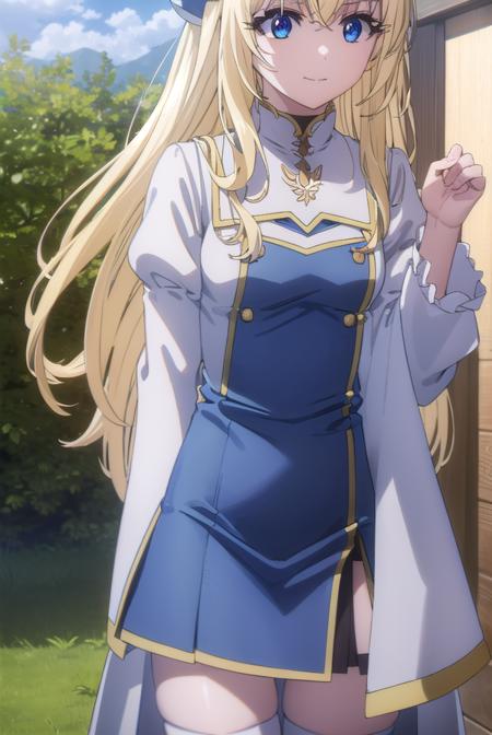 priestess, <lyco:priestesss2-lyco-nochekaiser:1>, 
priestess, blonde hair, blue eyes, long hair, hair between eyes, (small breast:1.2), smile,
BREAK boots, dress, frilled sleeves, frills, hat, white headwear, pelvic curtain, high heels, robe, thigh boots, thighhighs, white thighhighs, long sleeves, puffy sleeves,
BREAK outdoors, nature, forest, grass, sky, sun, cloud,
BREAK looking at viewer, (cowboy shot:1.5),
BREAK <lyco:GoodHands-beta2:1>, (masterpiece:1.2), best quality, high resolution, unity 8k wallpaper, (illustration:0.8), (beautiful detailed eyes:1.6), extremely detailed face, perfect lighting, extremely detailed CG, (perfect hands, perfect anatomy),