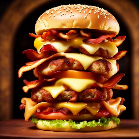 photo (QuadBurger style:1) a large hamburger with bacon, cheese <lora:djzQuadBurgerV21:1>