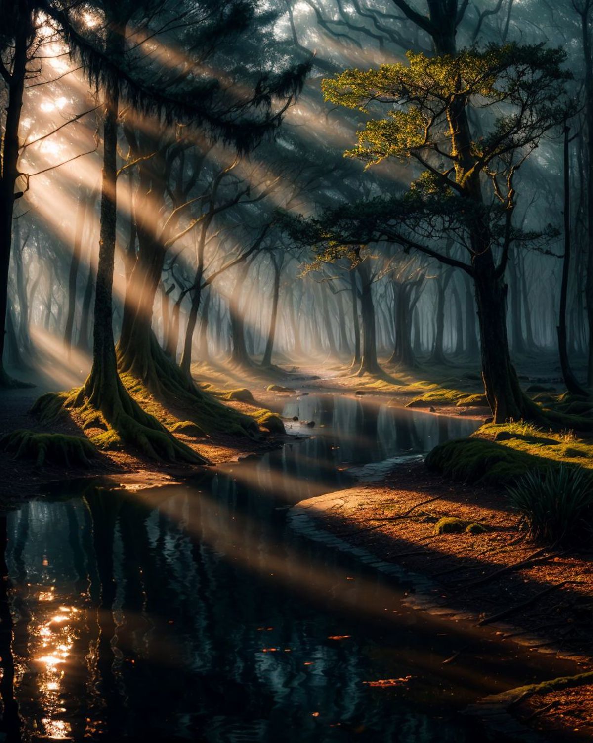 A serene forest scene with a stream of water and sunlight filtering through the trees.