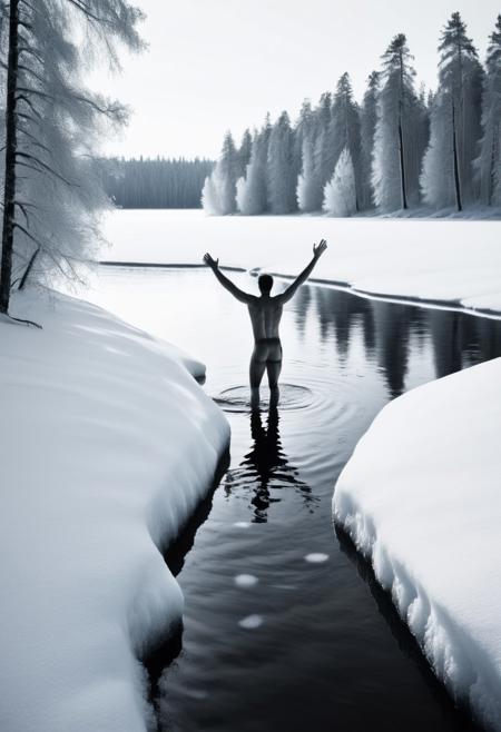 score_9, score_8_up, photorealistic, surreal black and white photograph of a nude male figure partially submerged in a frozen lake, his arm extended along the surface like a branch, body merging with the natural landscape, stark winter light, snow-covered trees in the background, high contrast shadows, in the style of Arno Minkkinen, no digital manipulation look, poetic solitude, Finnish wilderness atmosphere, minimalist composition, fine art photography