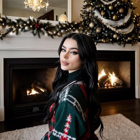 <lora:emmanorts_sd15_512_128_64_v1:1> emmanorts, 1girl black long weavy hair, wearing a christmas sweater, christmas decoration in background, lit fireplace in background