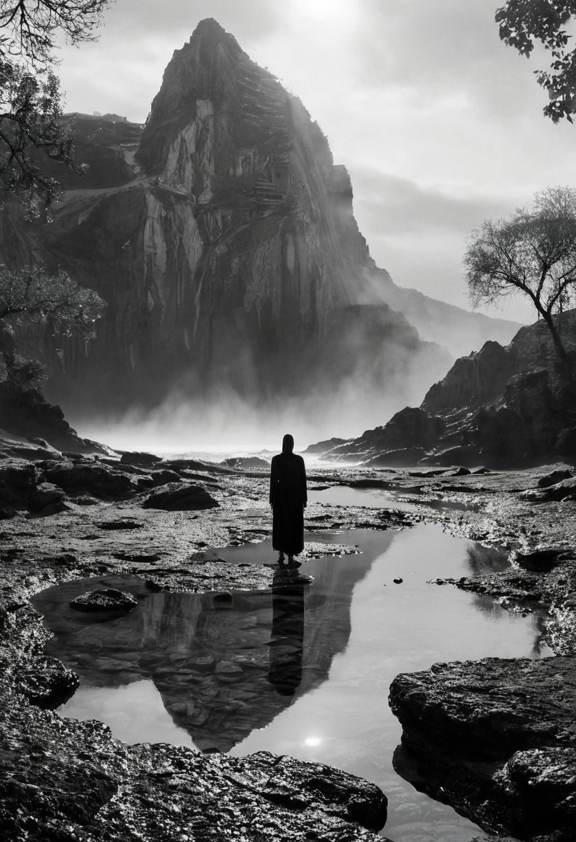 Dark Souls like ambience, full-body, veiled in mist. precious stones, concept art, Black and white, abstract landscape, woman contemplating, immersive-inspired art deco, inside and out landscape, Rene Magritte inspiration. hyper detailed intricately  intricately detailed, complex, elegant, expansive, fantastical, film photography style, FRESHIDESH Moebius comic book