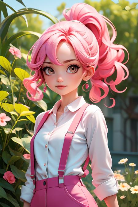 (masterpiece, best quality), 1girl, wavy hair, looking at viewer,upper body, suspenders, floral print, ponytail, pink hair, sunlight,scenery, <lora:GoodHands-beta2:1>