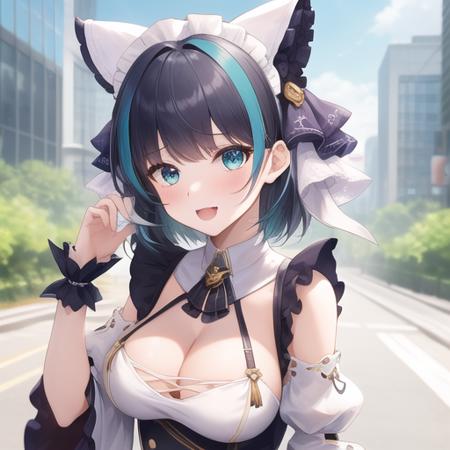 (masterpiece, best quality:1.2),illustration,8k,hd,1girls,solo,city,upper body,(portrait:1.2),large_breasts,multicolored_hair,streaked_hair,cleavage,animal_ears,black_hair,aqua_eyes,maid_headdress,ribbon,wrist_cuffs,maid,bangs,two-tone_hair,hairband,garter_straps,short_hair,blue_eyes,fake_animal_ears,aqua_hair,detached_sleeves,dress,frills,puffy_sleeves,white_thighhighs,puffy_detached_sleeves,frilled_hairband,purple_hair,fang,frilled_ribbon,<lora:cheshire:0.8>,