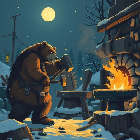 In Bear City, the forge burns bright,
A blacksmith's hammer in the night.
Steel meets stone with every strike,
Forging weapons, fire and light.
Paws calloused, muscles strong,
Each swing a rhythm, fierce and long.
Sparks fly in the winter air,
As the city hums a tale of care.
Anvil’s echo, a song of might,
In Bear City’s heart, the flames ignite.