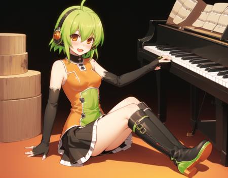 <lora:flchanv1:0.8>, (flchan, 1girl, solo, green hair, gloves, fingerless gloves, boots, short hair, ahoge, elbow gloves, sitting, open mouth, smile, orange eyes, skirt, headset, knee boots, blush, black gloves, piano skirt)