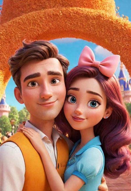 ((Disney animation style toon)). A flat art illustration of ((semirealistic (CGI))) wallpaper at noon time admits forests in paris . CGI characters. (((Disney style face geometry
), Disney style bigger eyes. Disney style facial texture. Disney style hair. Disney style nose.)) ((1boy and 1girl)) Couples hugging each other. Camera focusing on background. ( Orange | Pink | red | blue | yellow | saffron) fluffy clouds. Analogous color shading. Reflections. Refraction. Ray Tracing. Ambient Radiance of Light. (Focus of facial details, hair shading, details of eyes, fingers. Perfectly shaped eyes. Perfectly shaped nose. Perfectly shaped node) Vibrant colours. High quality and super awesome